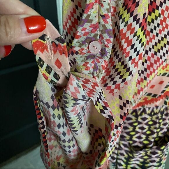 Rebecca Minkoff Multicolored Boho Ruffle Collar Mini Dress 100% Silk Size XS - Picture 10 of 13